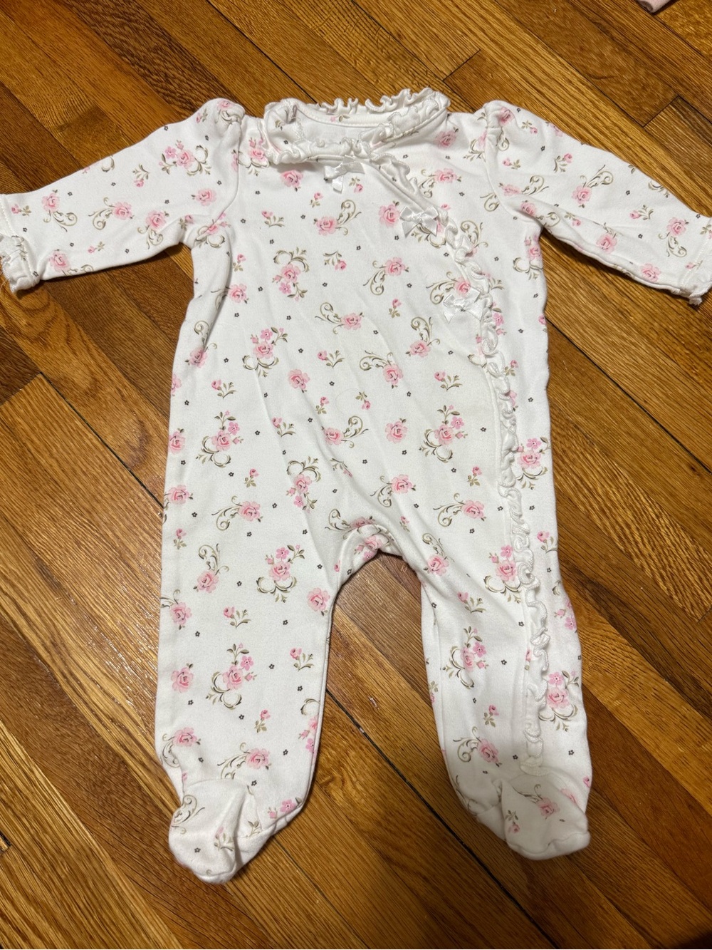 Little Me White Baby Romper with Pink Floral Trim